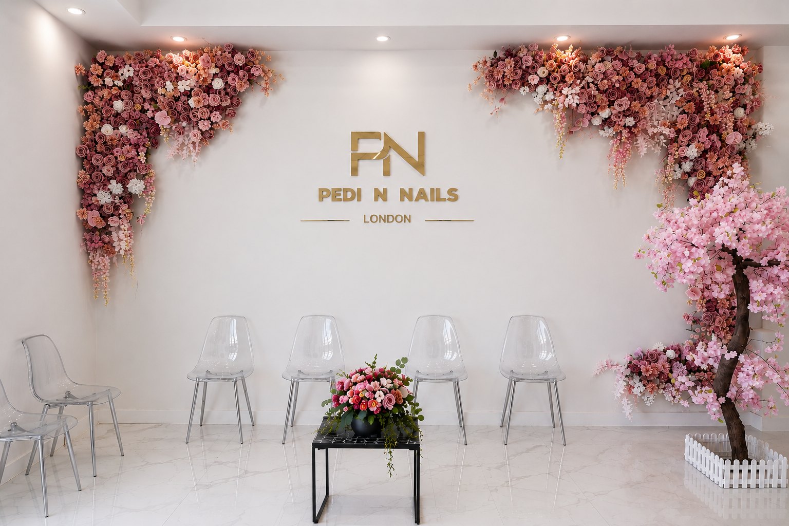 Reception and floral waiting area at Pedi N Nails London